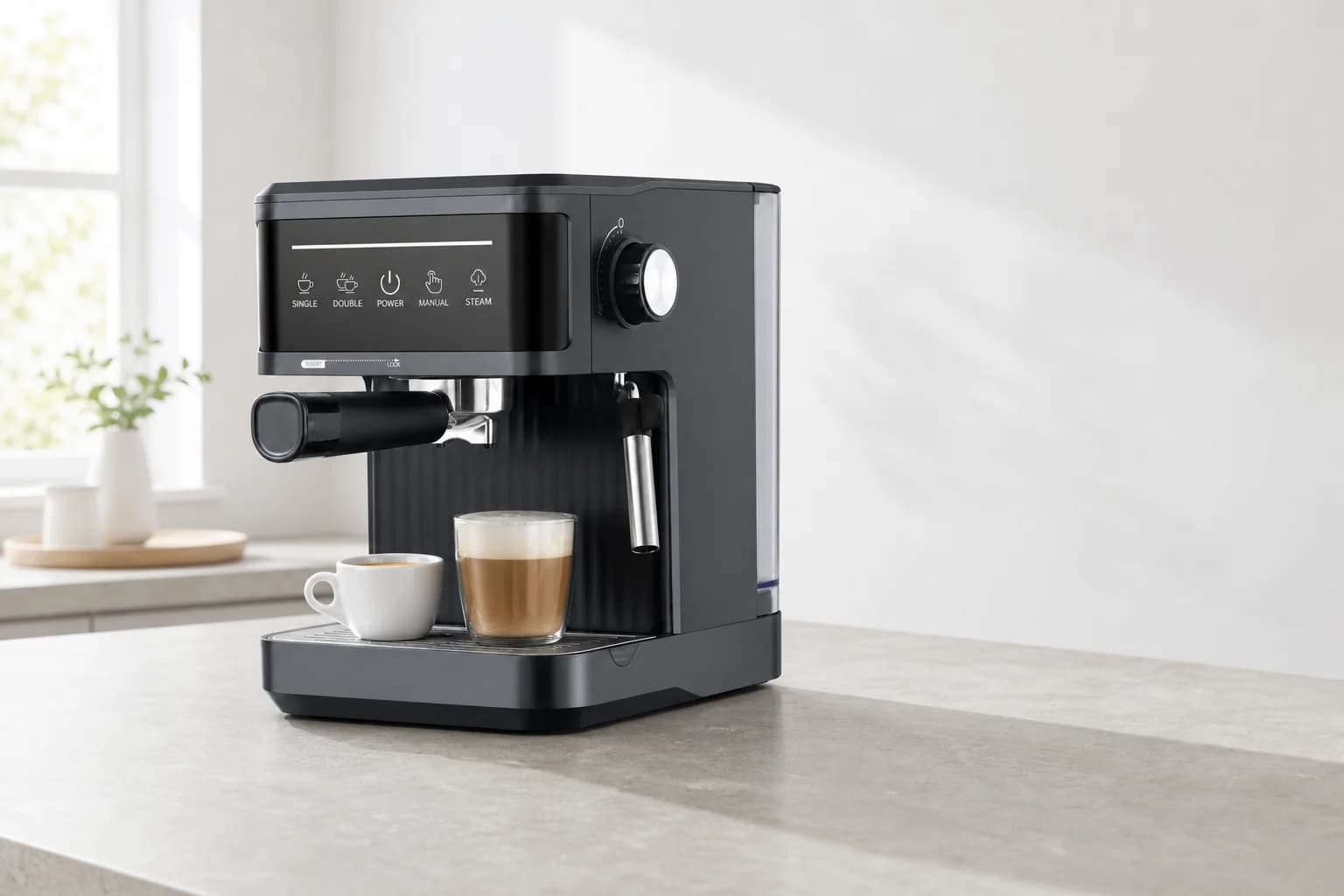 Espresso machine on a bright kitchen counter with an espresso and a latte