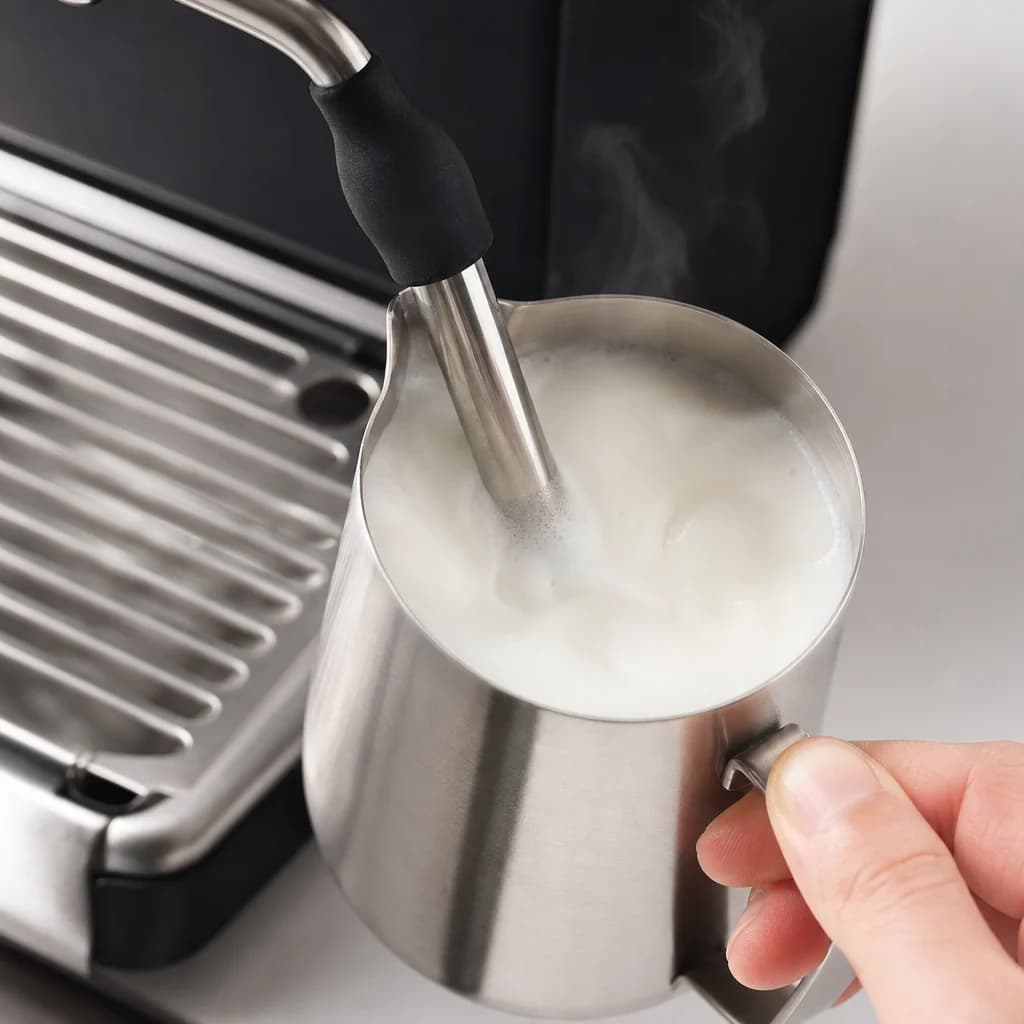 Steam wand frothing milk in a stainless steel pitcher